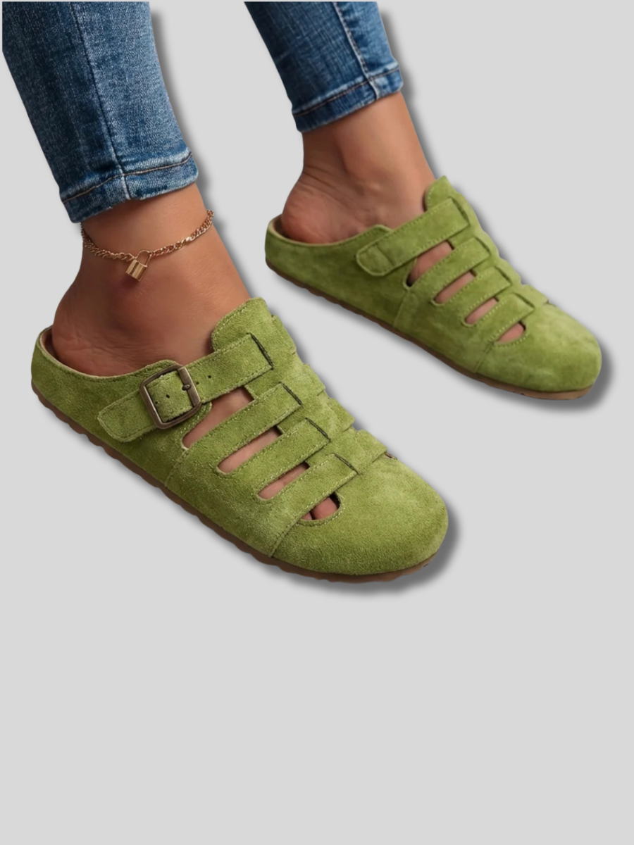 Closed Toe Caged Buckle Suede Mule Slides