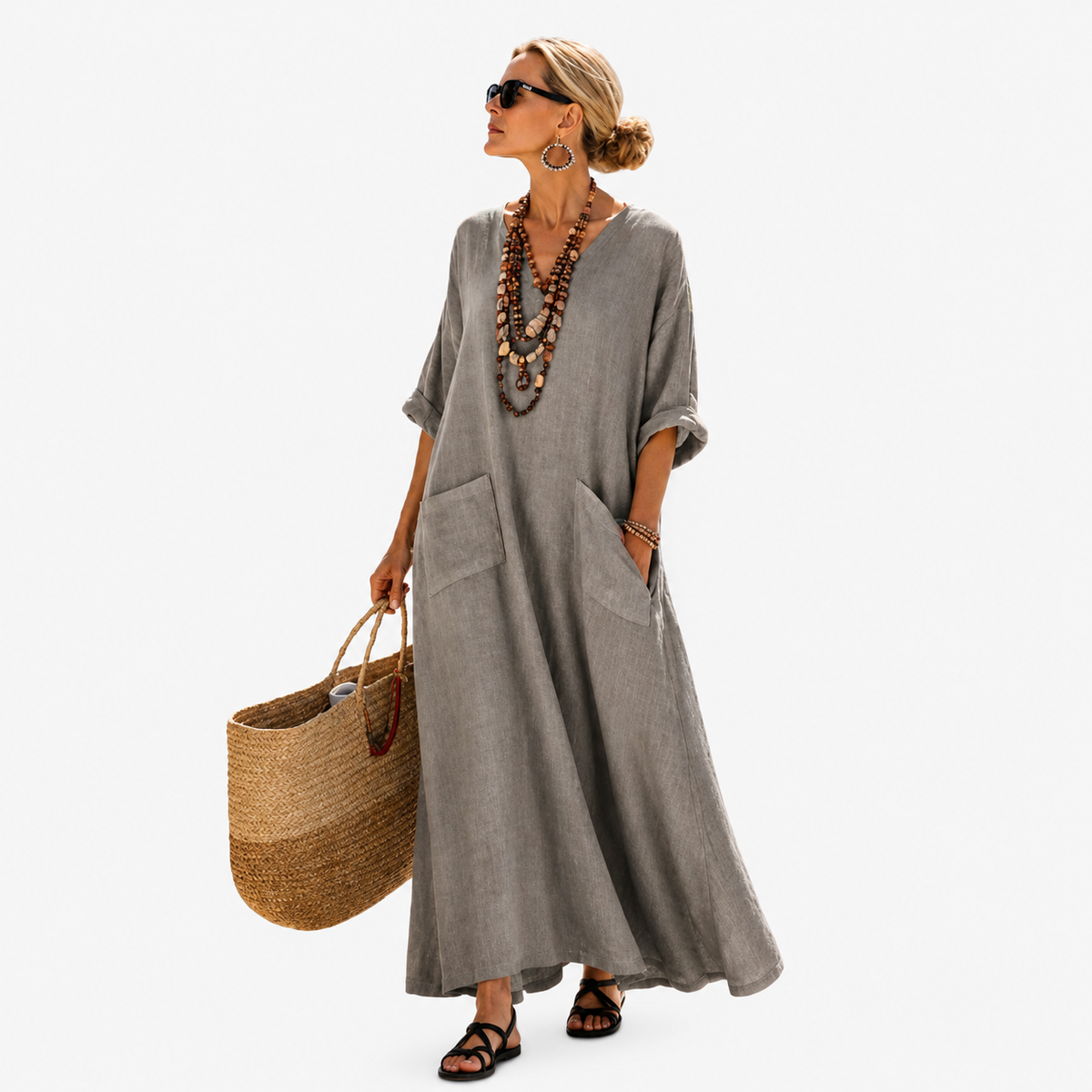 V-Neck Long Sleeve Pocket Kaftan Maxi Dress