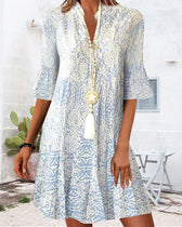 V-Neck Flare Sleeve Tiered Swing Midi Dress 2