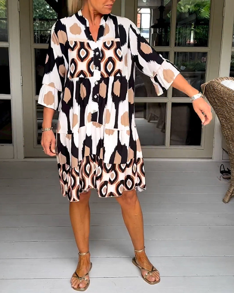 Abstract Print Button Front Flared Sleeve Tiered Midi Dress