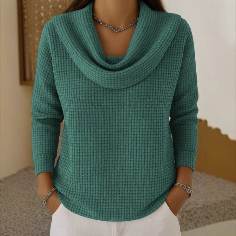 Cowl Neck Long Sleeve Waffle Knit Sweater