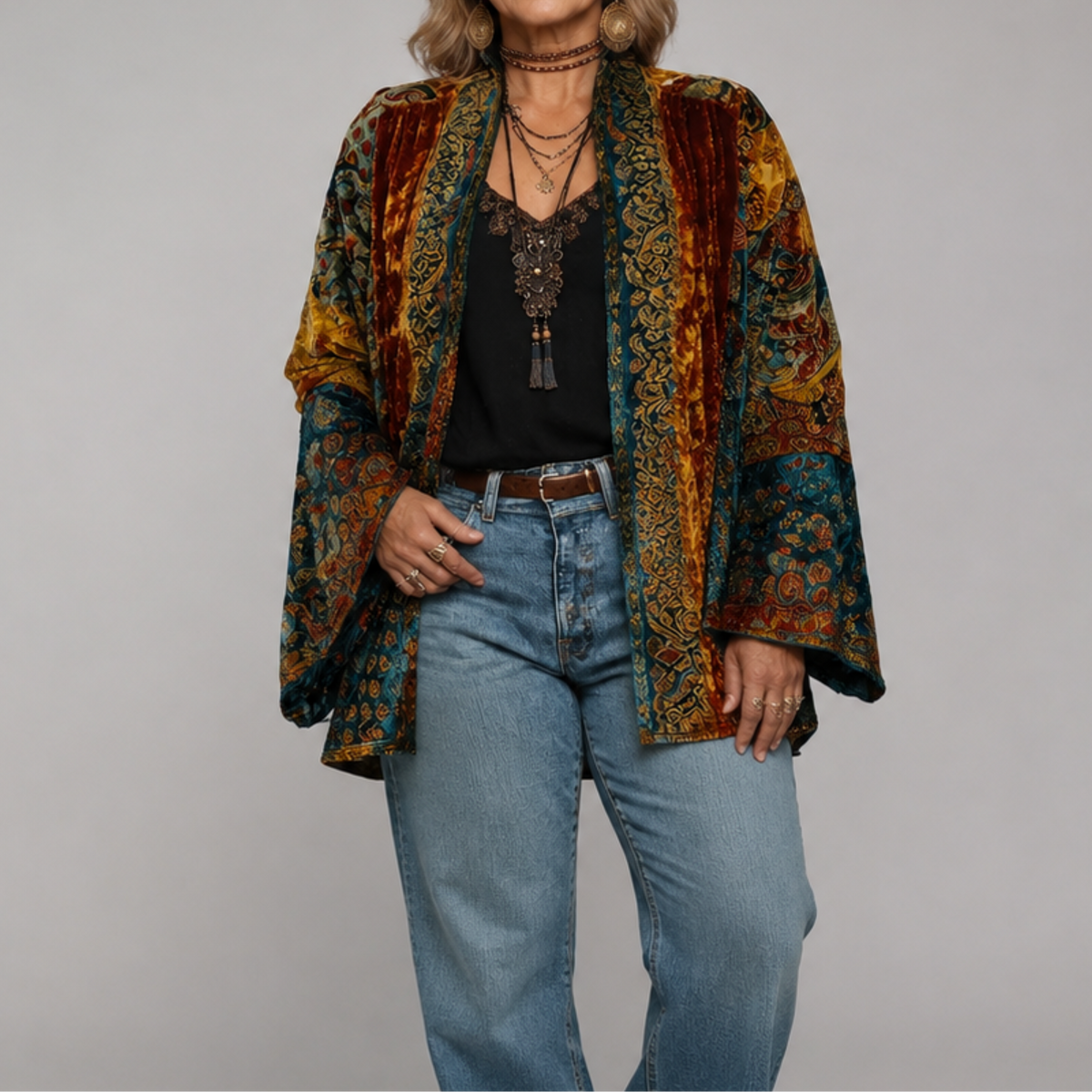 Paisley Print Velvet Open Front Kimono Jacket