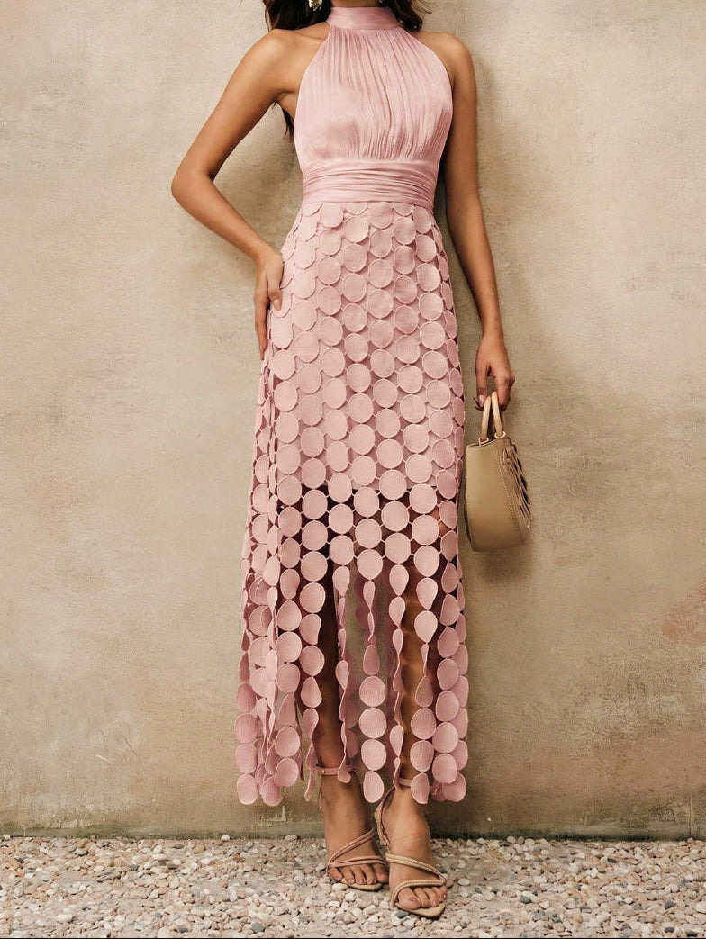 Halter Neck Ruched Disc Cut Out Fringe Hem Maxi Dress