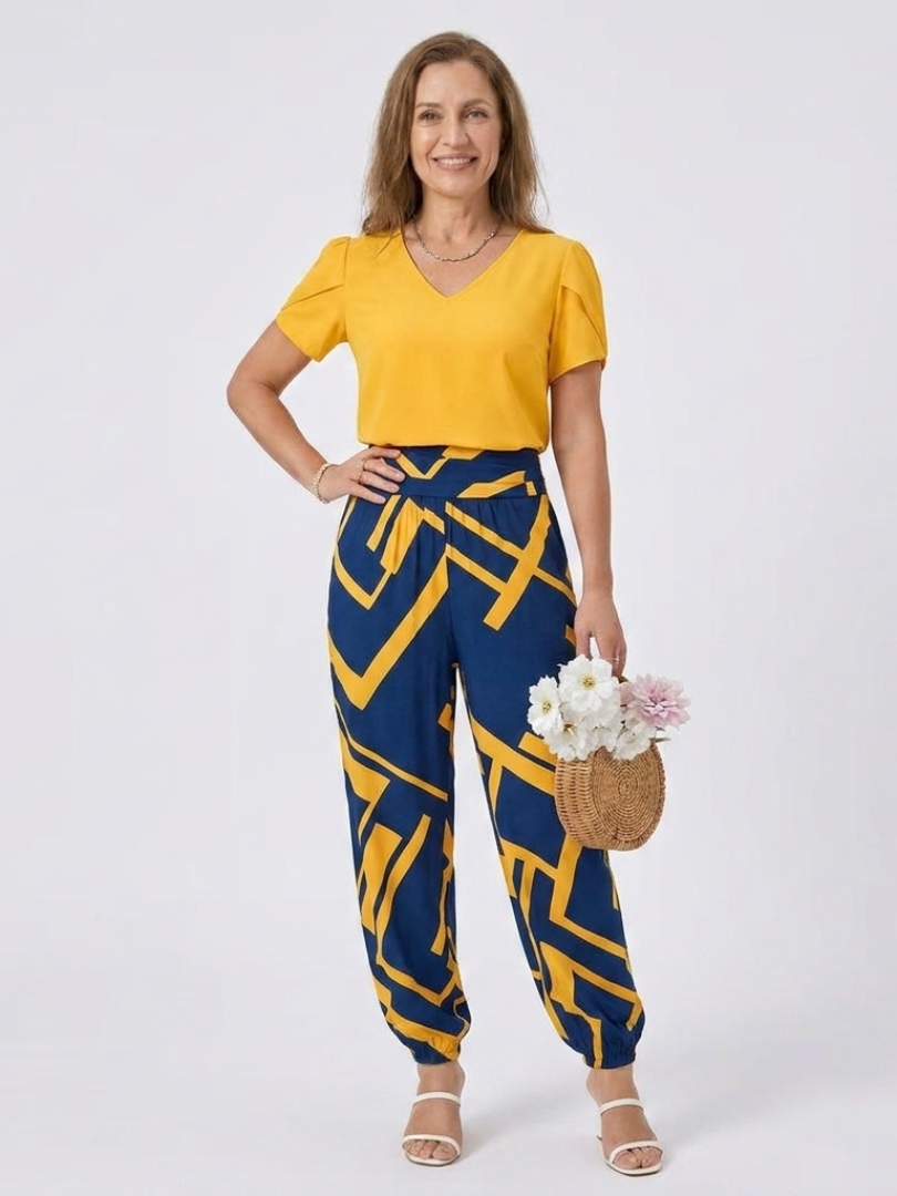V-Neck Short Sleeve Top and Geometric Print Cuffed Pants Two Piece Set