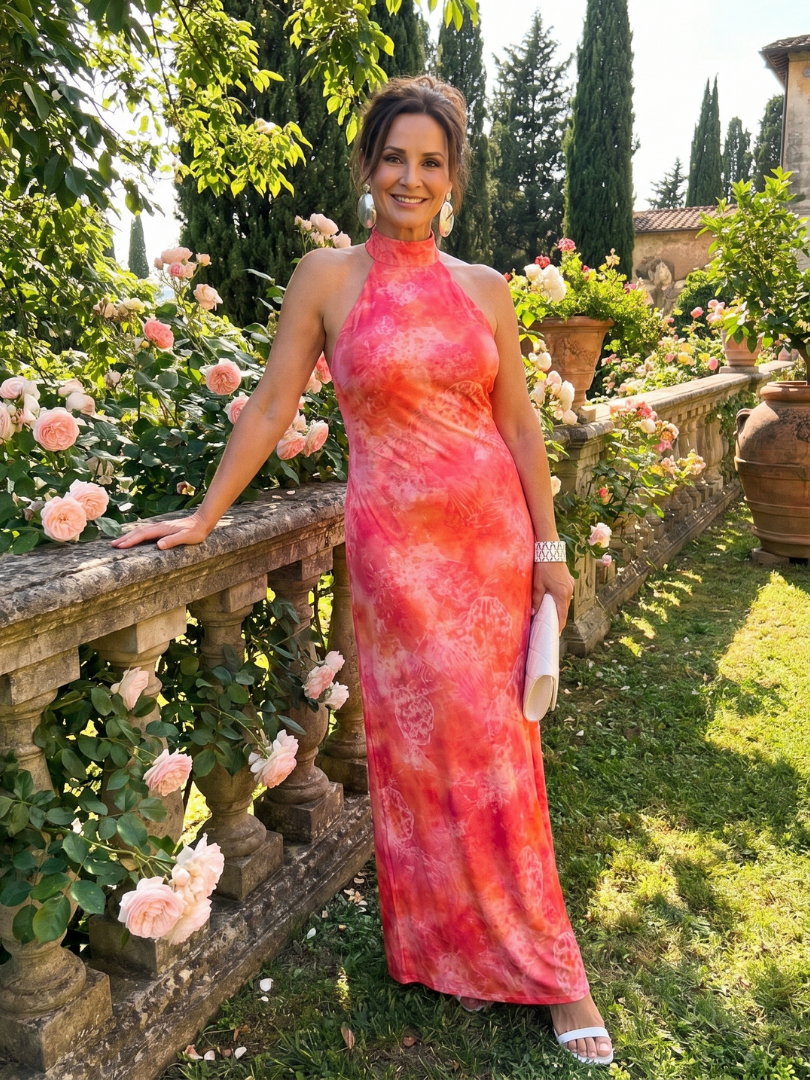 Abstract Print Halter Neck Sleeveless Maxi Dress