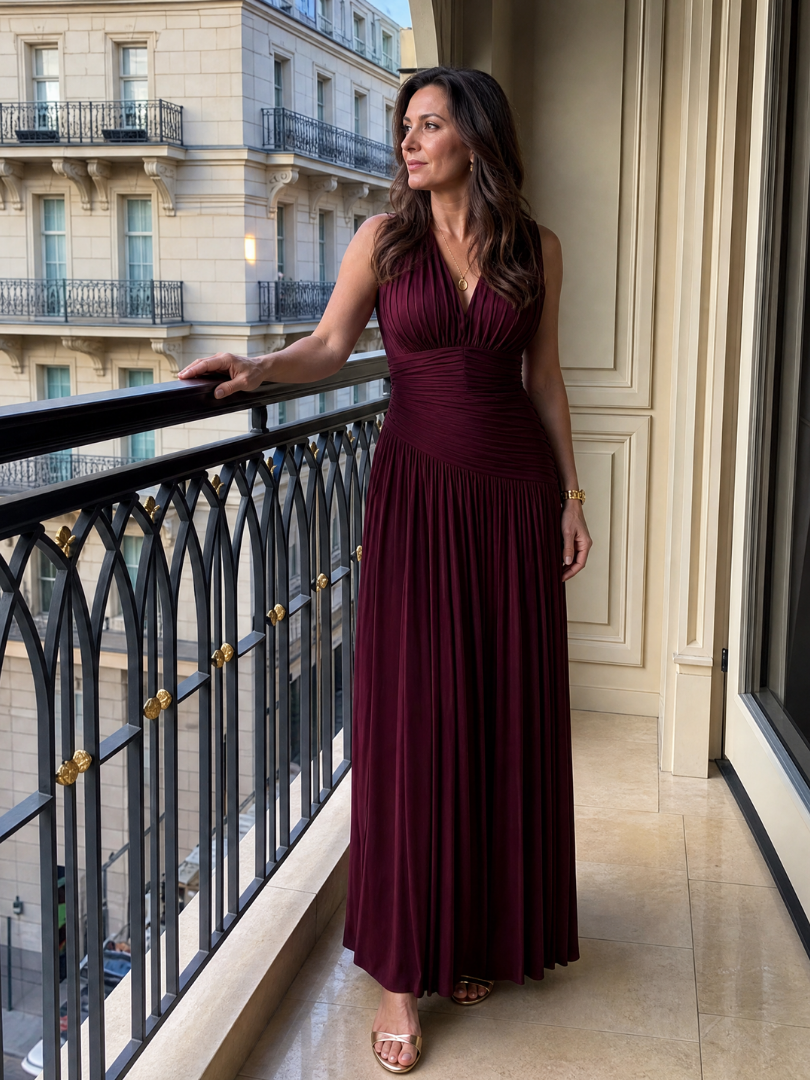 Pleated V-Neck Sleeveless Ruched Waist Maxi Gown
