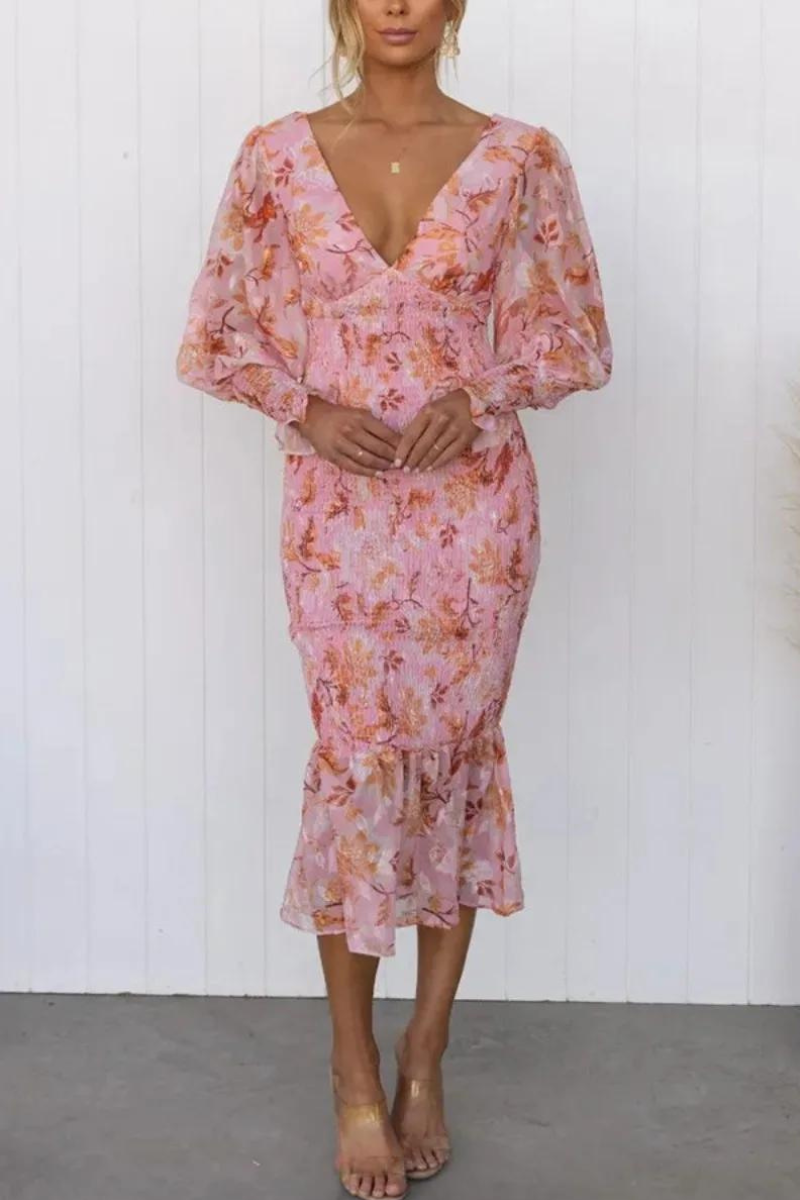 Rafaela Aesthetic Flower Print Midi Dress Elevated Occasion Wear