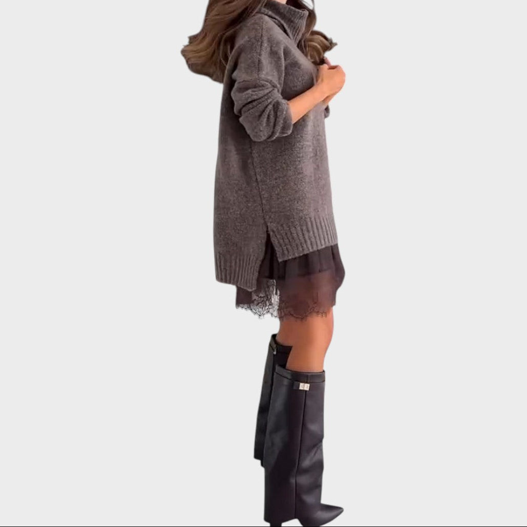 Turtleneck Oversized Sweater and Lace Slip Dress Two Piece Set