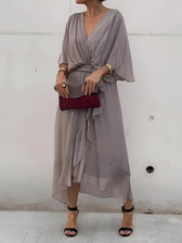 Chiffon Deep V-Neck Batwing Tie Waist High Low Midi Dress 7