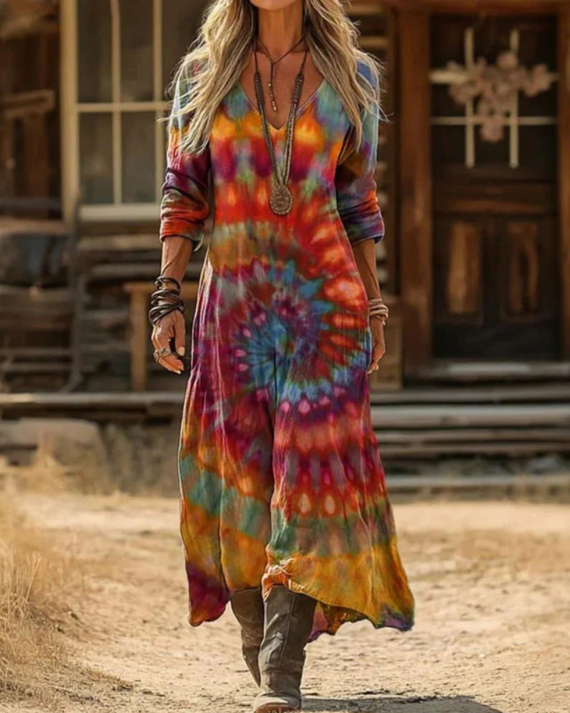Embroidered V-Neck Long Sleeve A-Line Maxi Dress