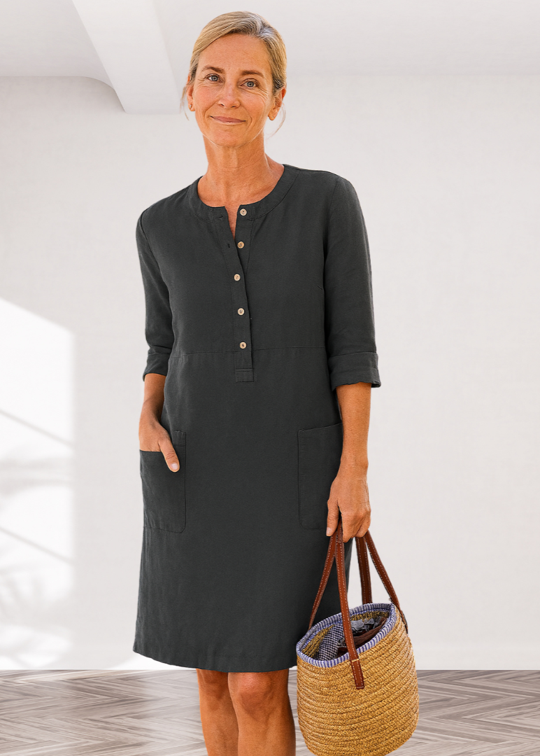 Linen Look Button Placket Long Sleeve Pocket Shift Dress