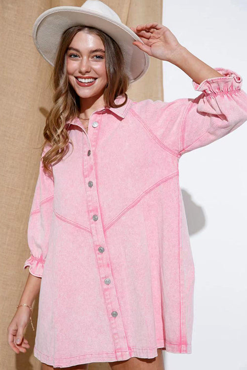 Step Out Half Sleeve Button Down Denim Mini Dress Pink