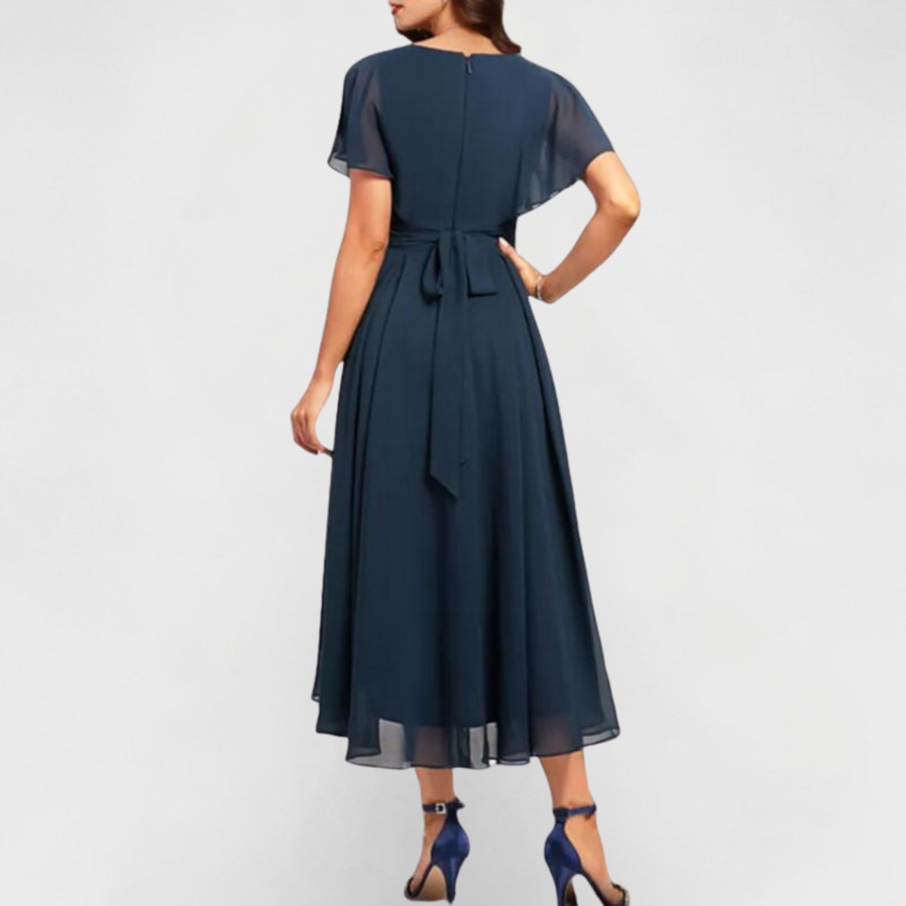 Chiffon V-Neck Flutter Sleeve Ruched High Low Midi Dress 4