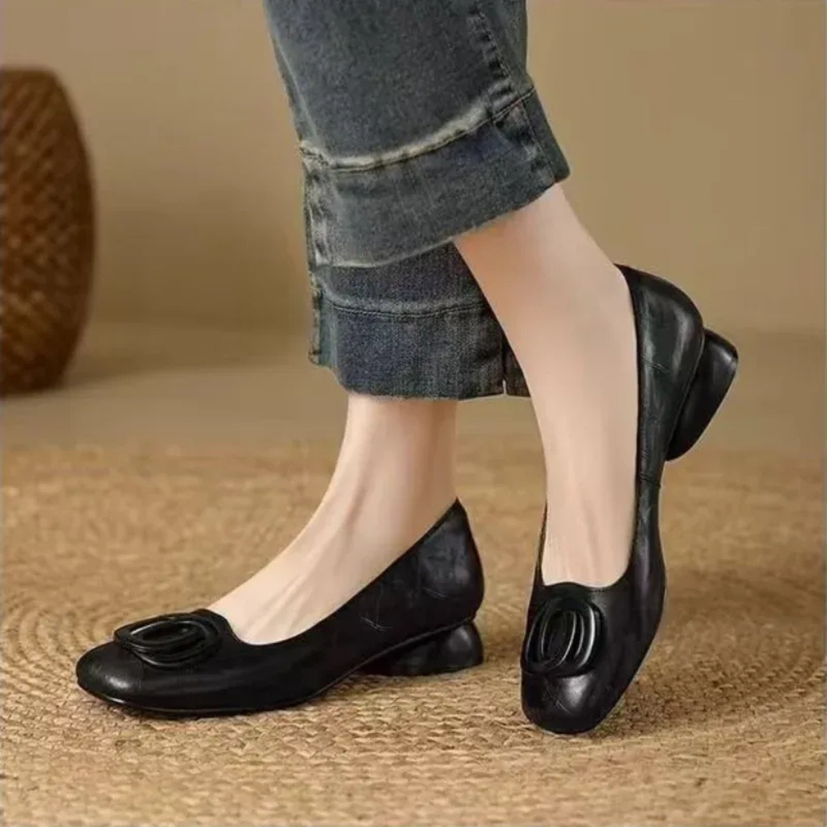 Square Toe Rosette Buckle Flat Ballet Shoes