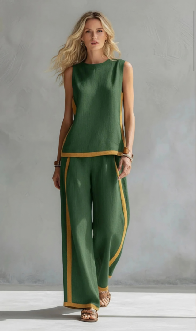 Contrast Trim Sleeveless Top and Wide Leg Pants Two Piece Set