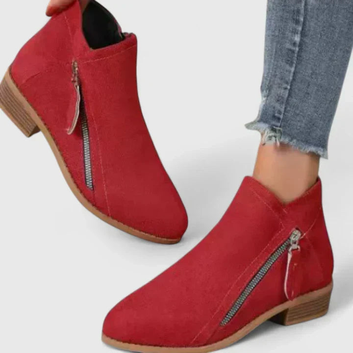Side Zip Pointed Toe Stacked Block Heel Ankle Boots