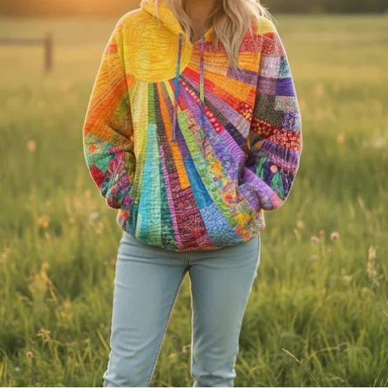 Sunburst Patchwork Print Quilted Pullover Hoodie
