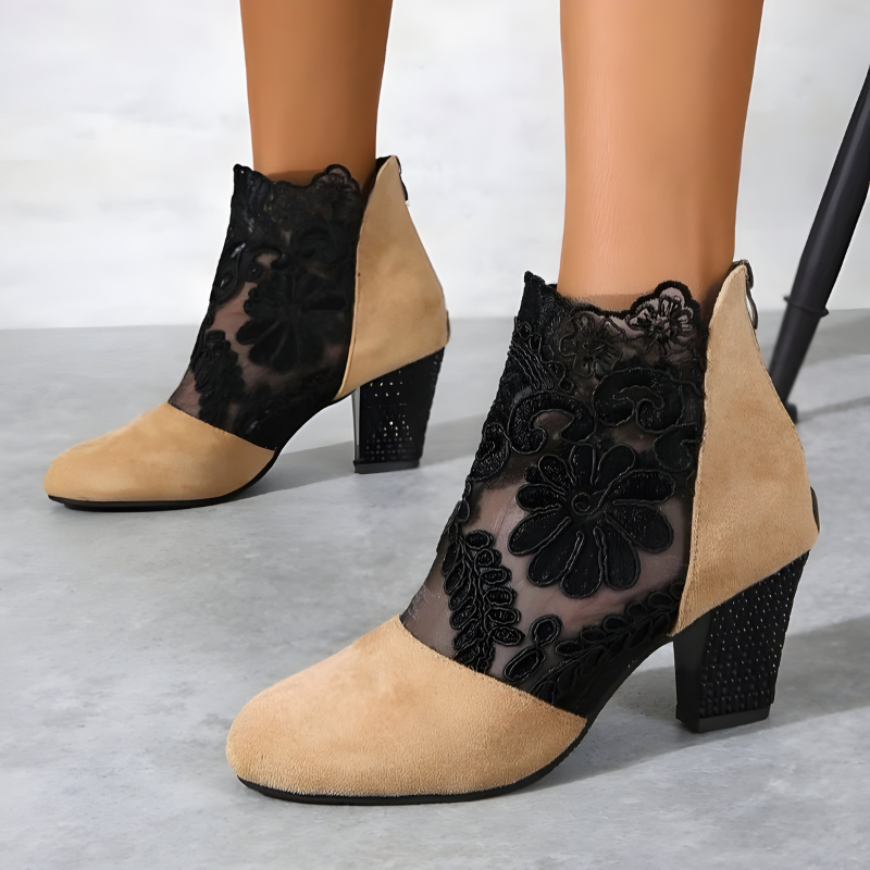 Floral Lace Mesh Embellished Block Heel Ankle Boots