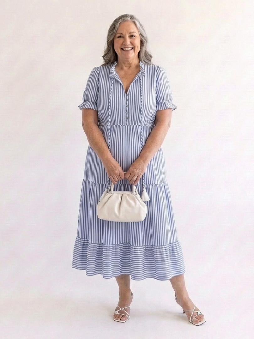 Striped Short Sleeve Button Front Tiered Midi Shirt Dress