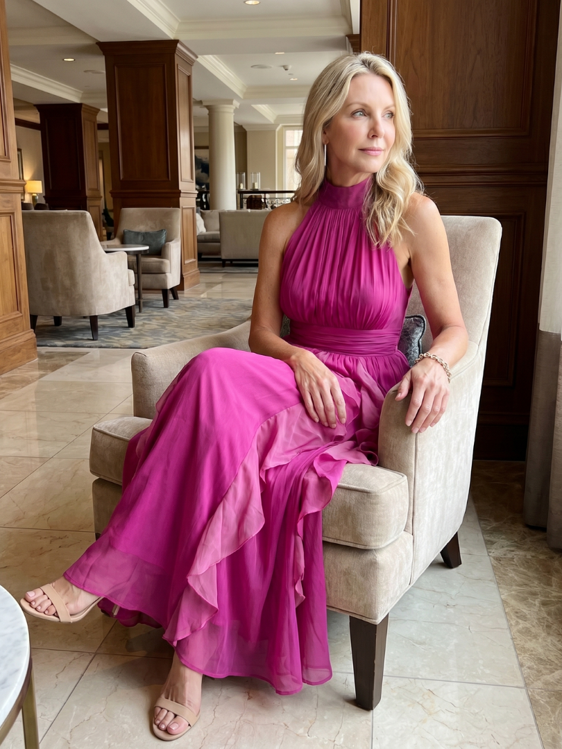 High Neck Sleeveless Ruffle Cascade Chiffon Maxi Dress