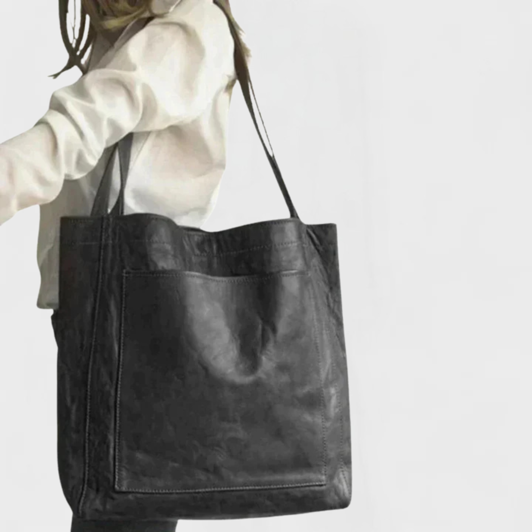 Faux Leather Front Pocket Shoulder Tote Bag