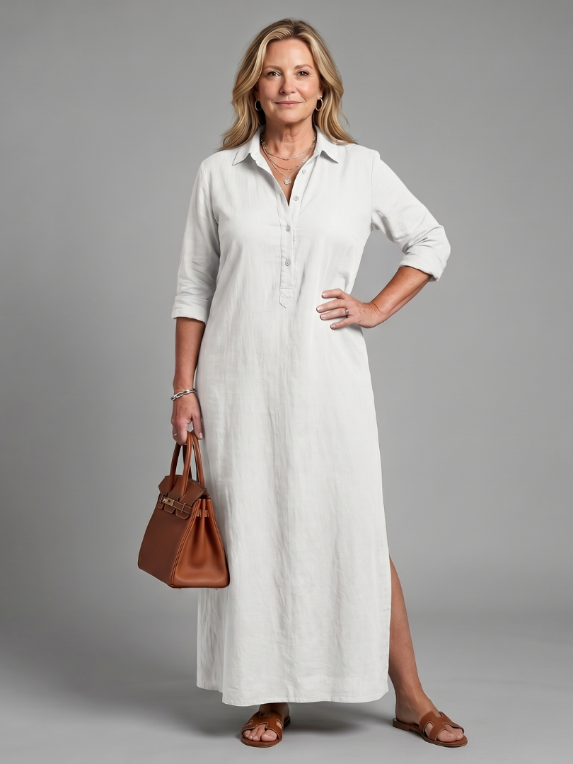 Collared Button Placket Long Sleeve Shirt Maxi Dress