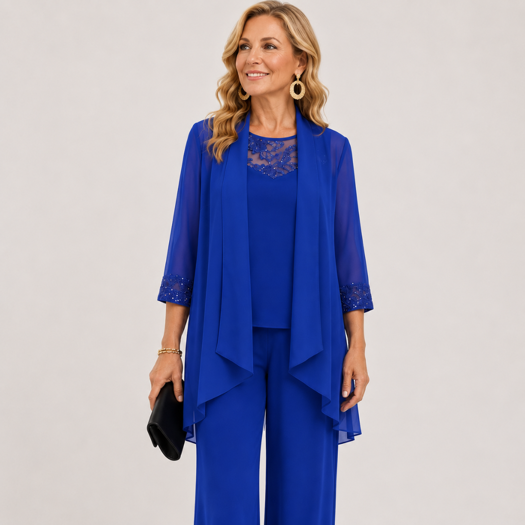 Sheer Jacket Lace Trim Top and Pants Three Piece Set