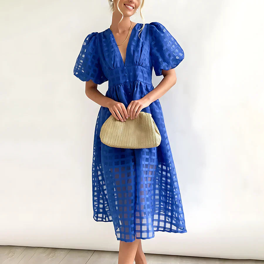 Cindy - Classic Patterned Puff Sleeve Midi Dress Blue