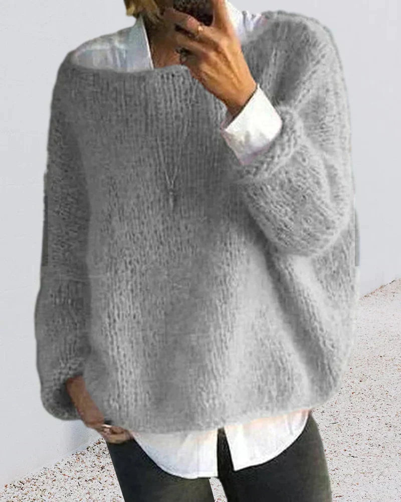 Crew Neck Long Sleeve Fluffy Knit Sweater