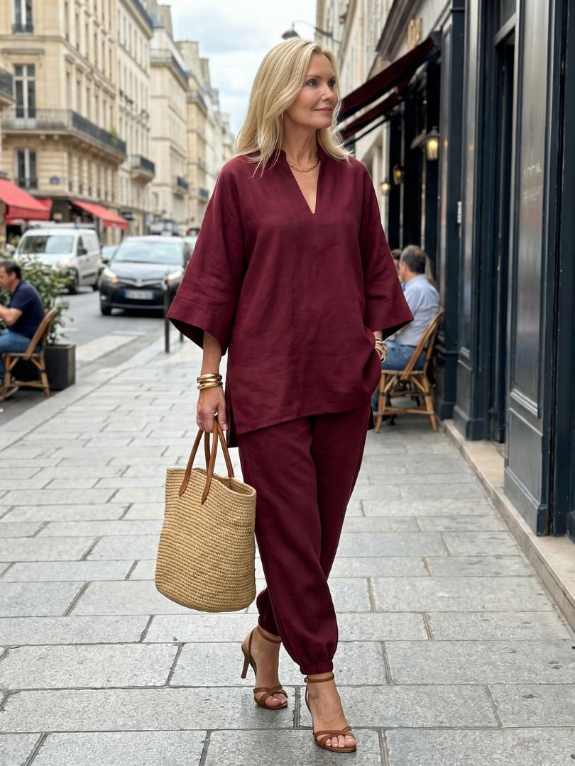 Notch V-Neck Tunic Top and Pants Two Piece Set