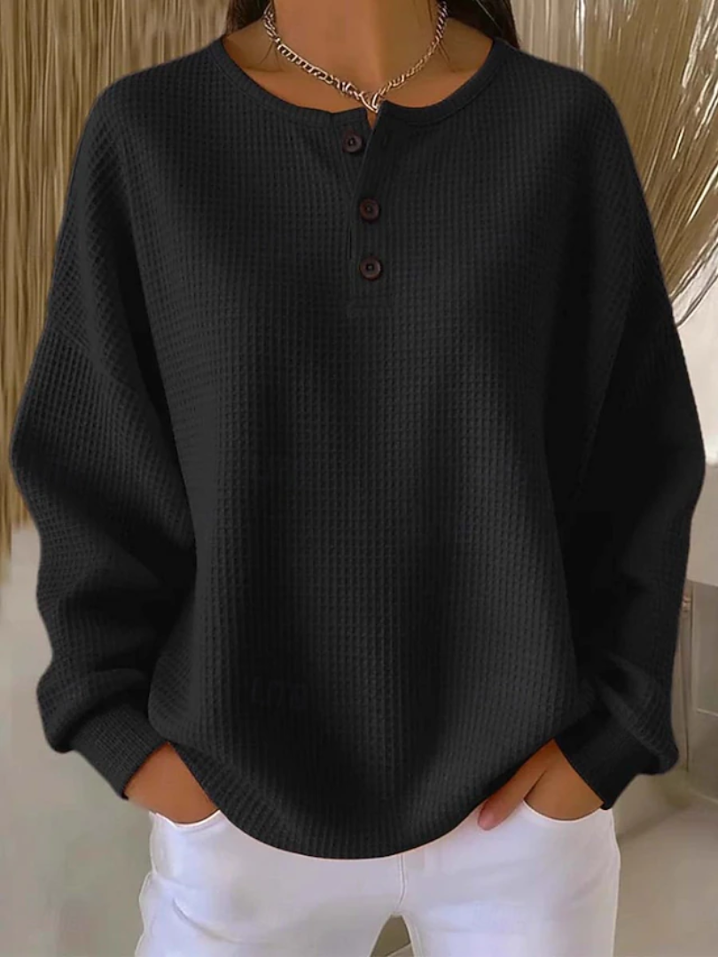 Waffle Knit Button Placket Long Sleeve Henley Top