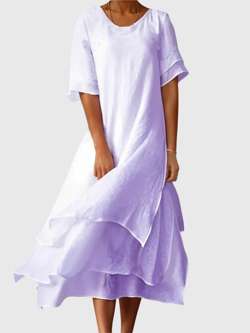 Round Neck Short Sleeve Layered Chiffon Midi Dress