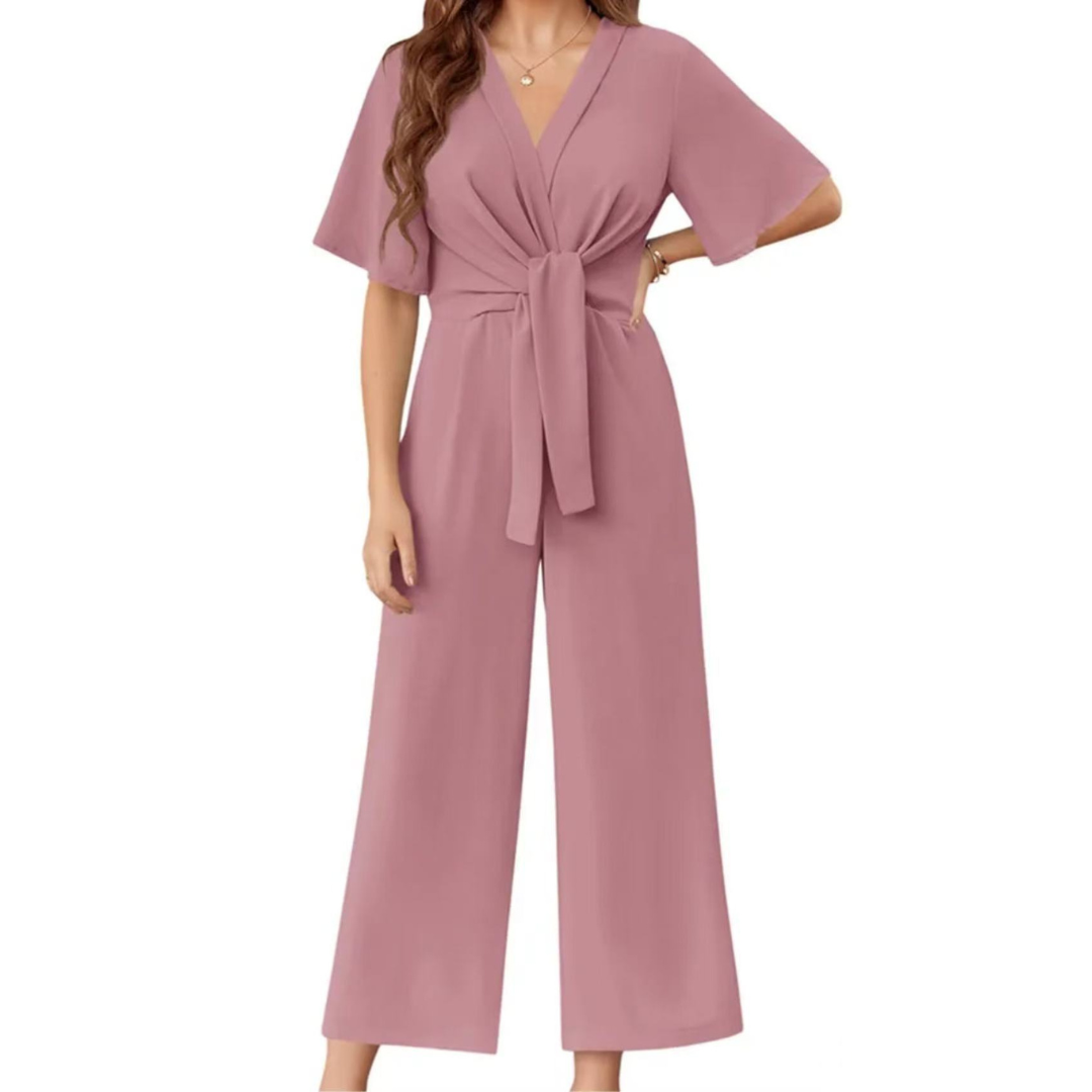 V-Neck Short Sleeve Tie Front Wide Leg Jumpsuit