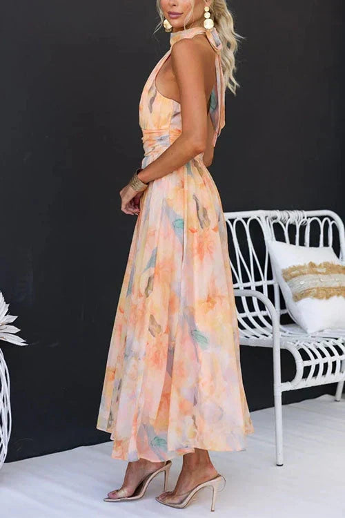 Floral Halter Neck Ruched Chiffon Maxi Dress 5