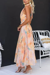 Floral Halter Neck Ruched Chiffon Maxi Dress 5