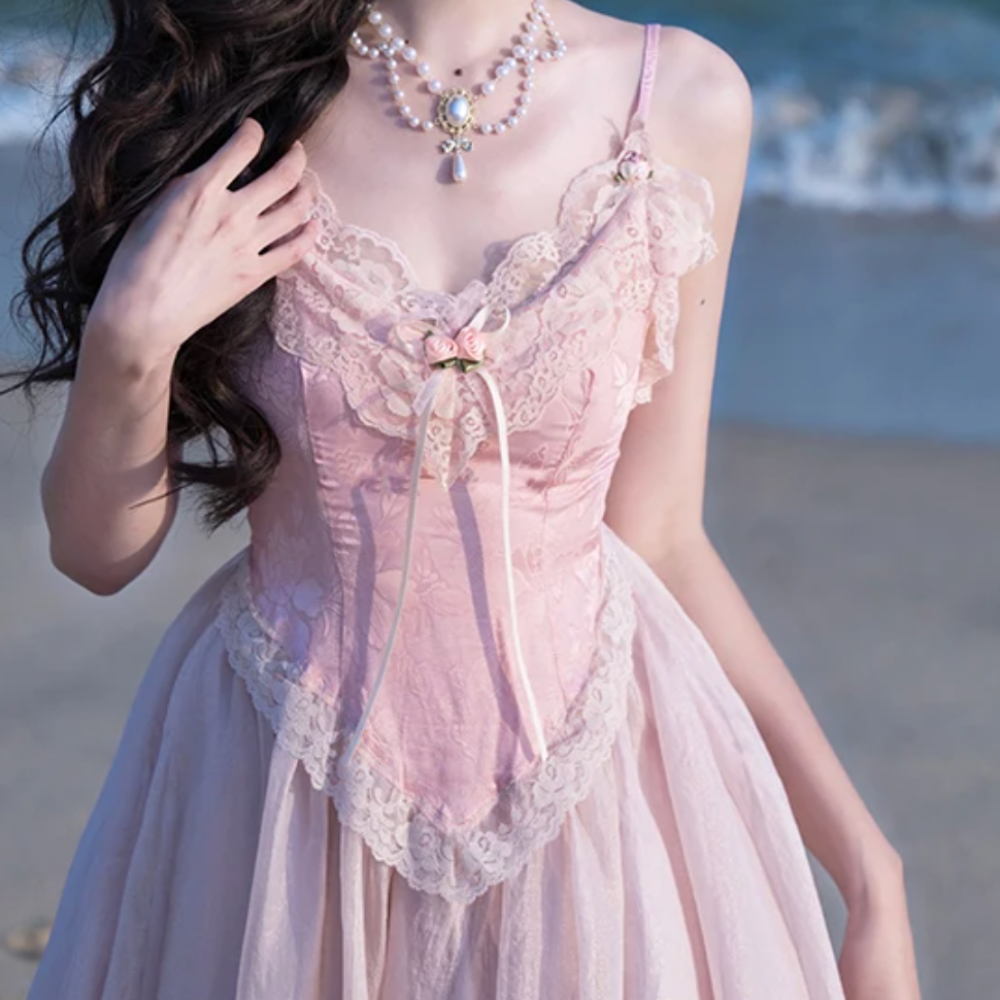 Lace Bustier Spaghetti Strap Tulle Maxi Dress 5
