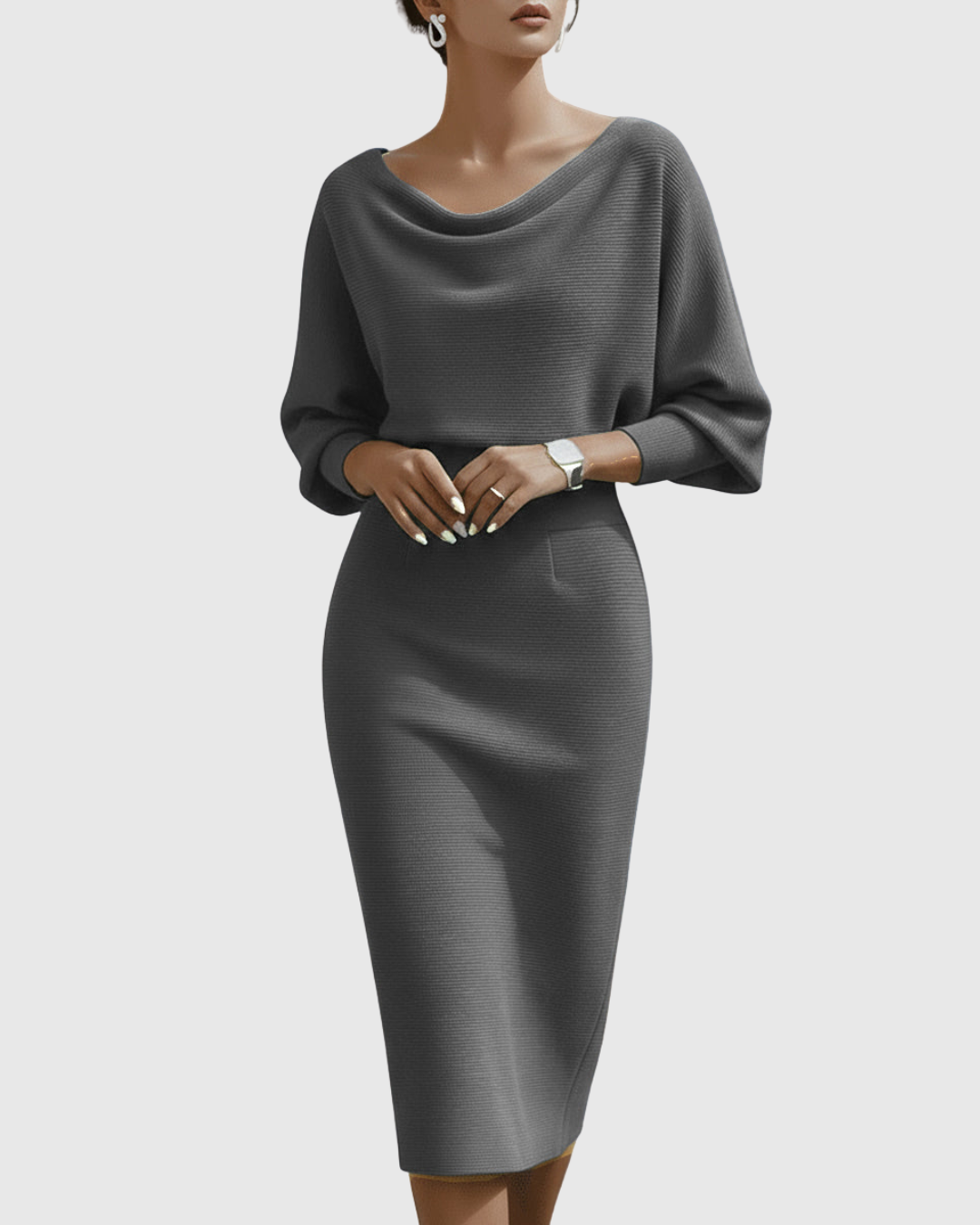 Off Shoulder Long Sleeve Ribbed Knit Bodycon Midi Dress