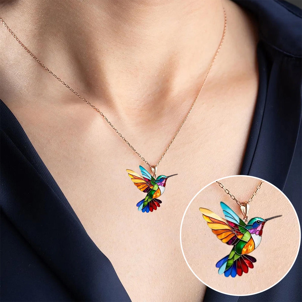 Enamel Hummingbird Pendant Fine Chain Necklace