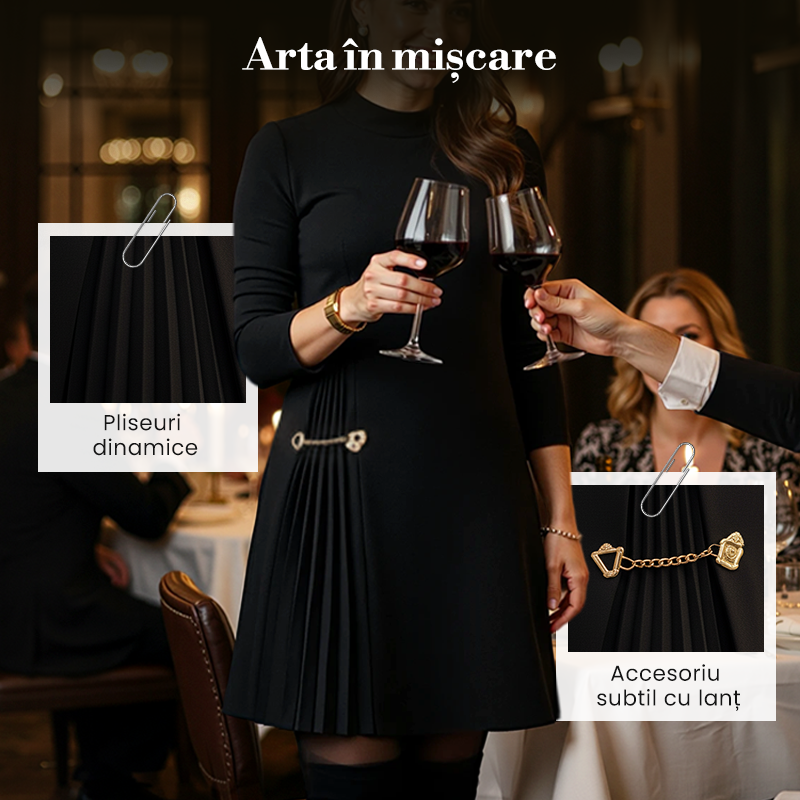 High Neck Long Sleeve Pleated A-Line Midi Dress 3