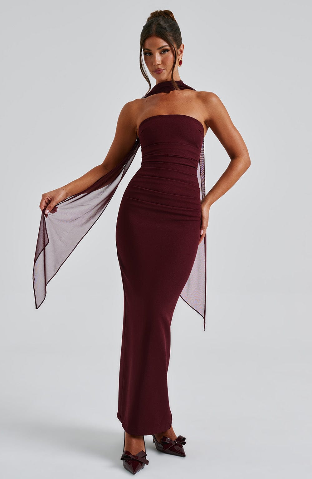 Strapless Ruched Bodycon Maxi Dress with Neck Scarf and Mesh Gloves 6