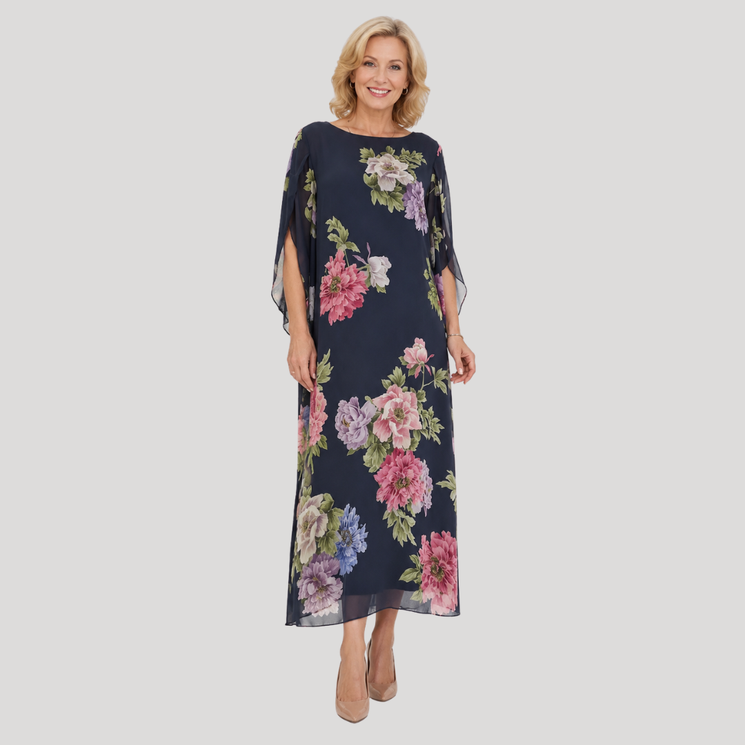 Floral Round Neck Chiffon Cape Overlay Maxi Dress