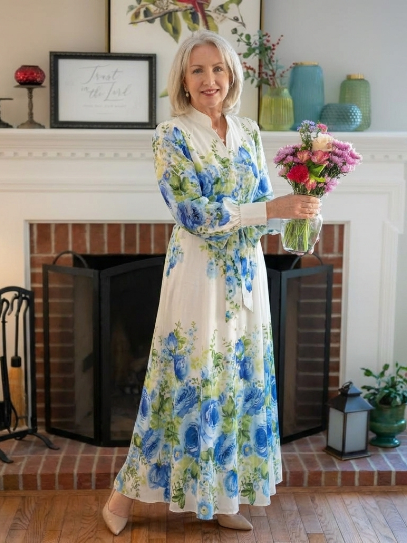 Floral Band Collar Long Sleeve Button Front Belted Maxi Dress