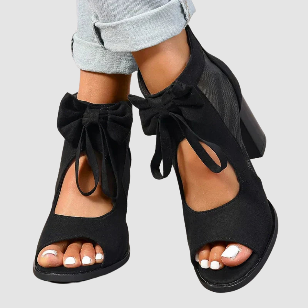 Peep Toe Bow Cut Out Block Heel Sandals