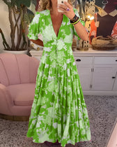 Floral Print Deep V-Neck Short Sleeve Tiered Maxi Dress 4