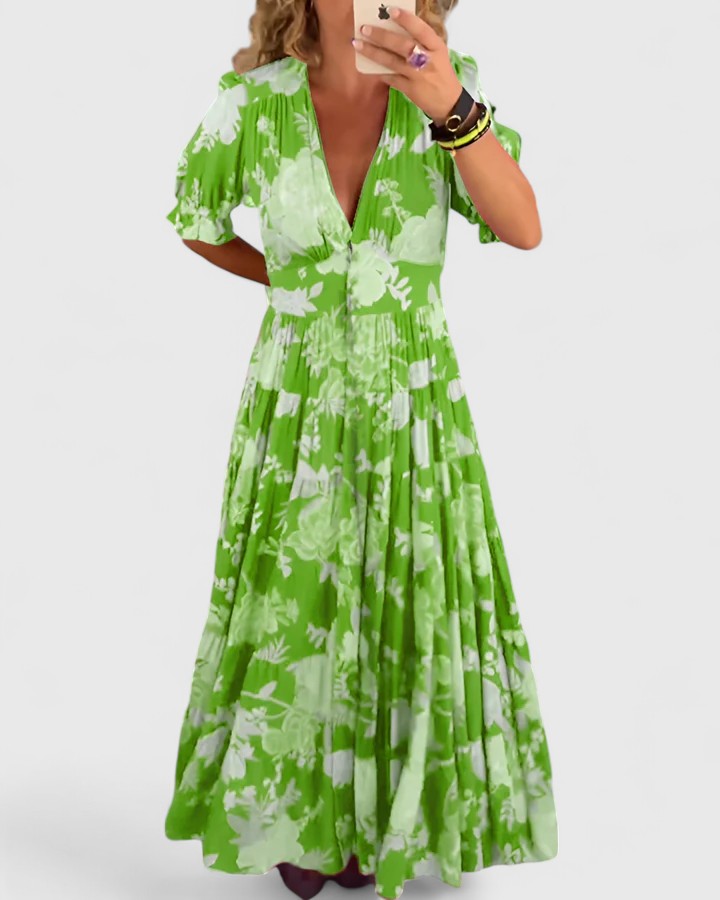Floral Deep V-Neck Puff Sleeve Tiered Maxi Dress