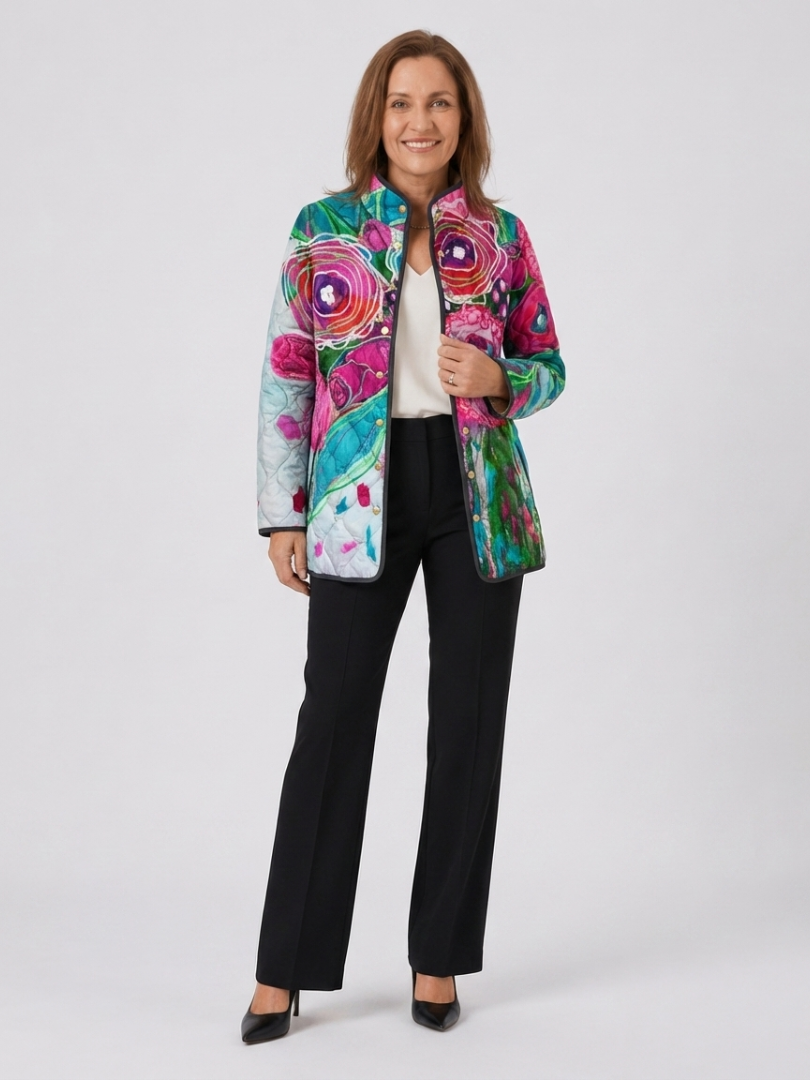 Floral Print Quilted Stand Collar Jacket