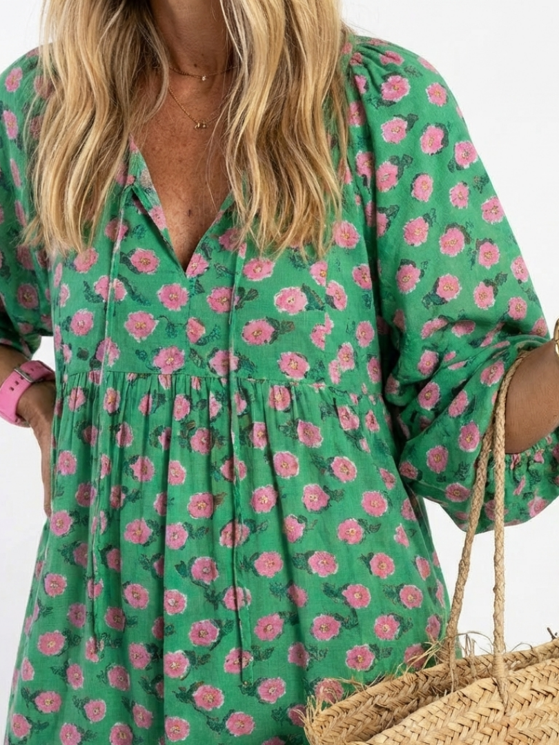 Floral Print V-Neck Half Sleeve Tiered Maxi Dress