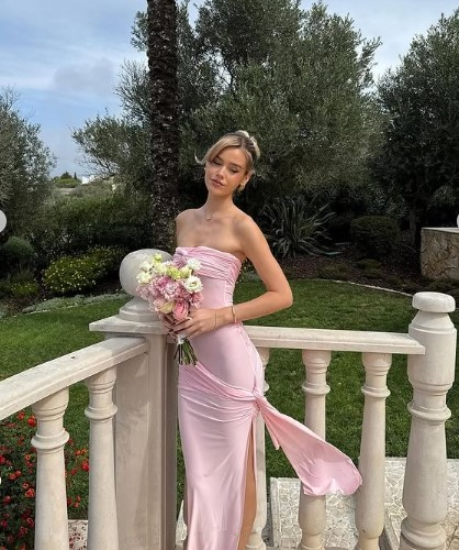 Pink Strapless Pleated Slit Evening Dress Long Sheath Party Prom Dress cc1888