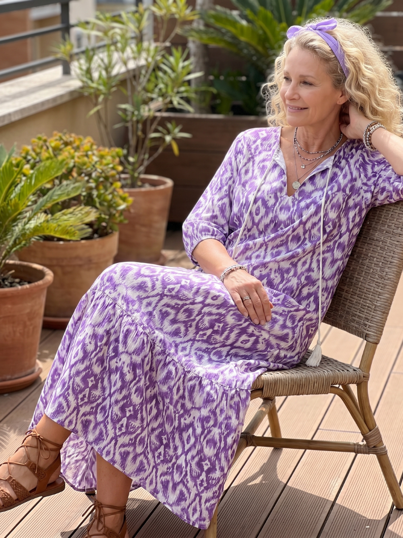 Ikat Print Tie Neck Tassel Tiered Maxi Dress