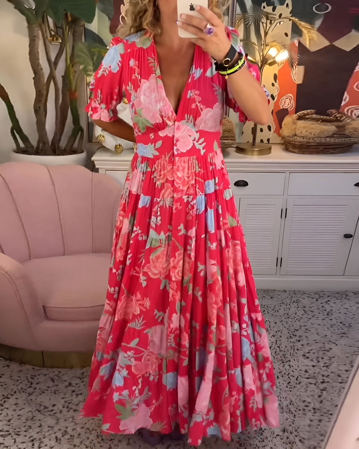 Floral Print V-Neck Short Sleeve Tiered Maxi Dress